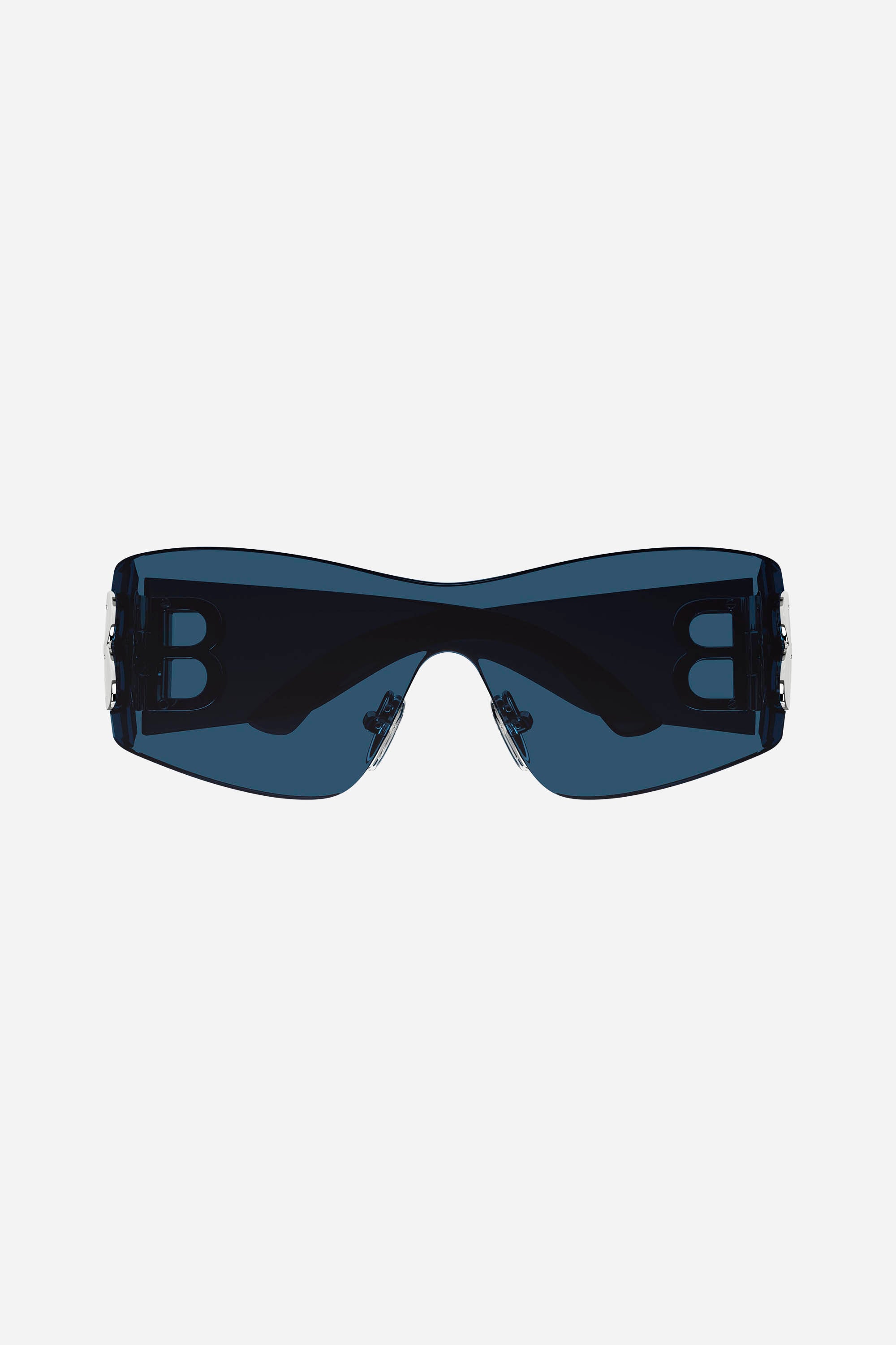 Single lense blue sunglasses with silver logo
