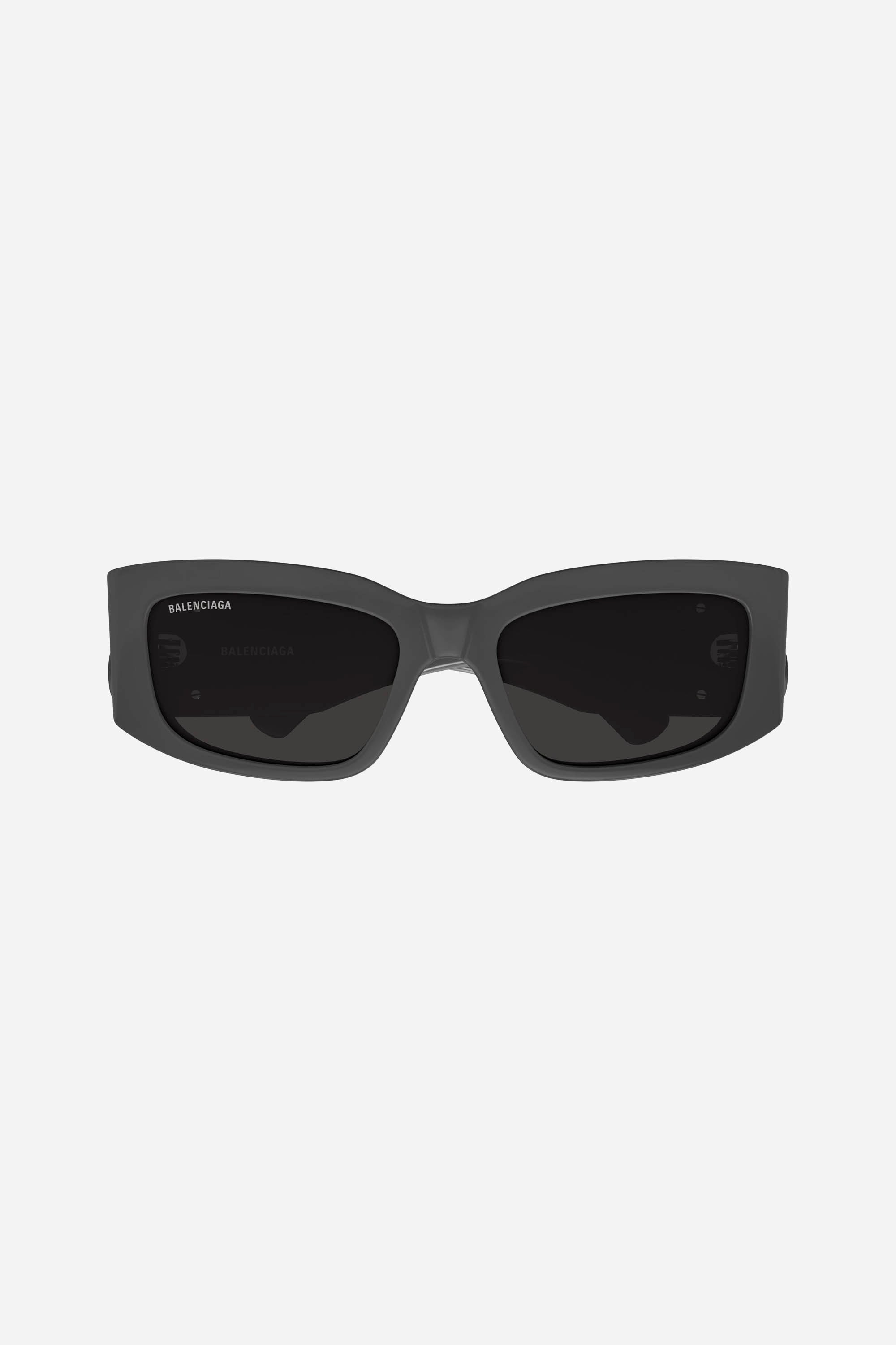 Grey rectangular Balenciaga sunglasses with grey logo