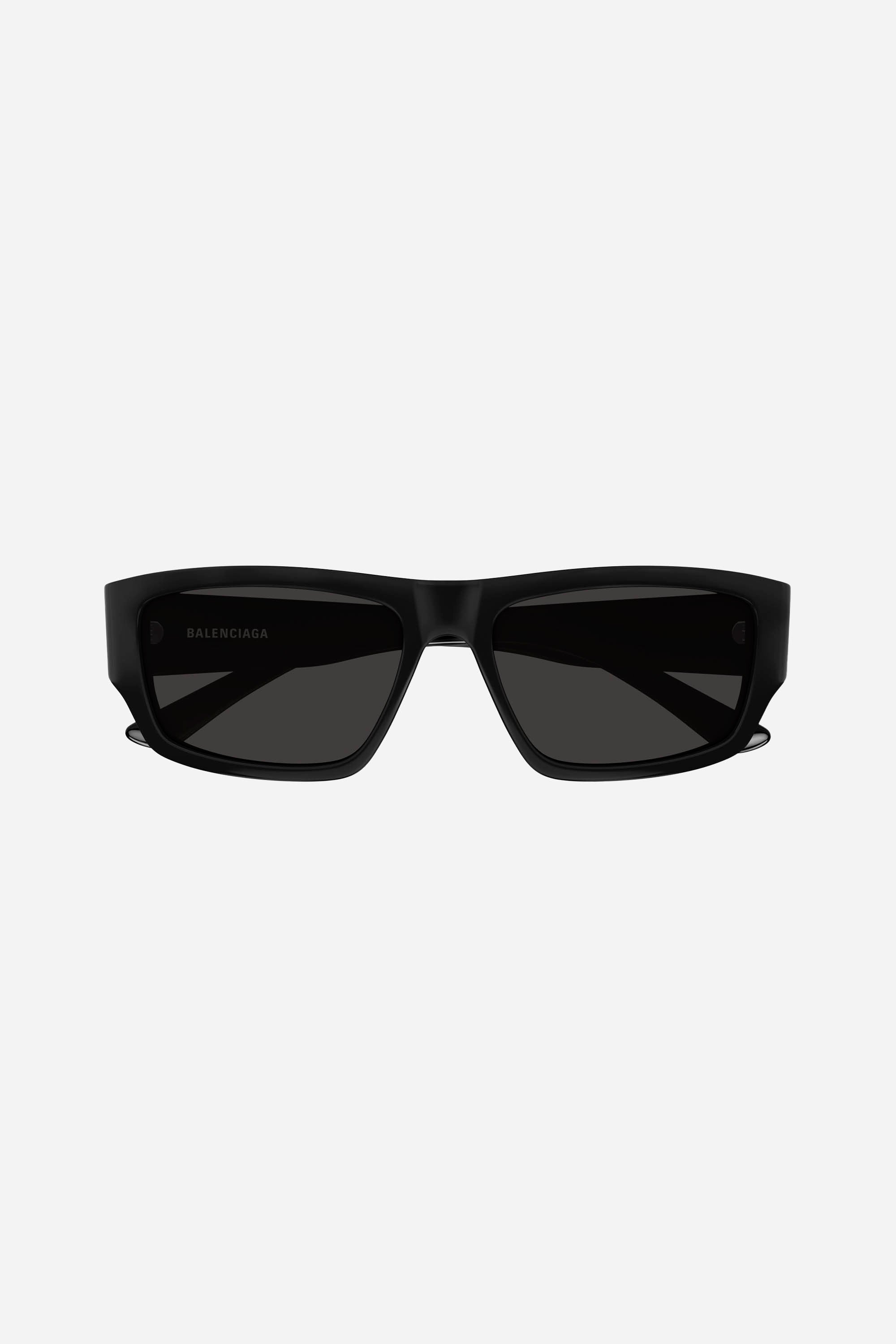 Black rectangular Balenciaga sunglasses with grey lense